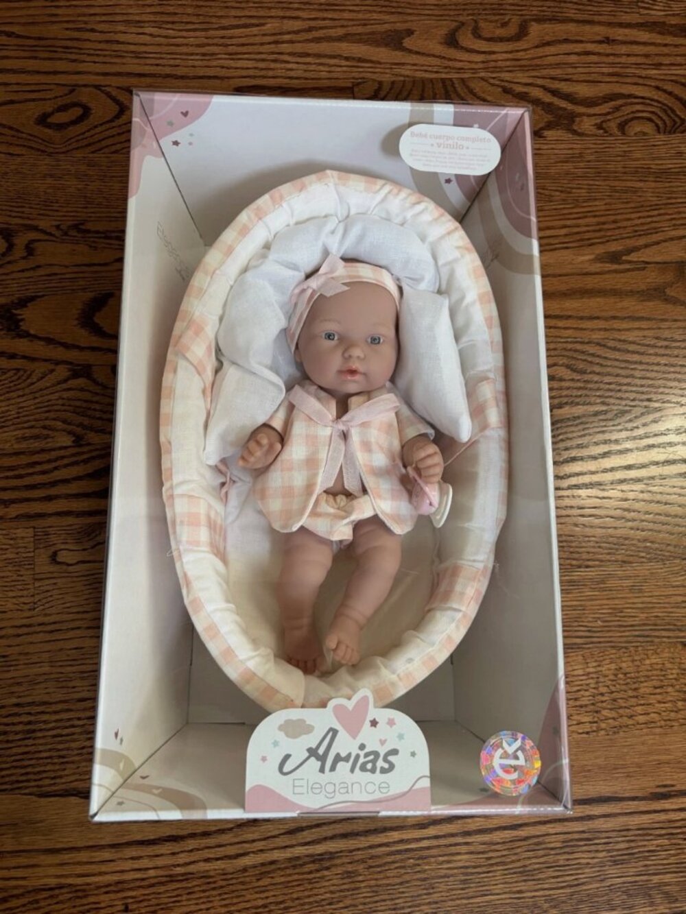 Arias Elegance Baby Doll In Carrier Made In Spain Full Vinyl Body Pacifier -New!